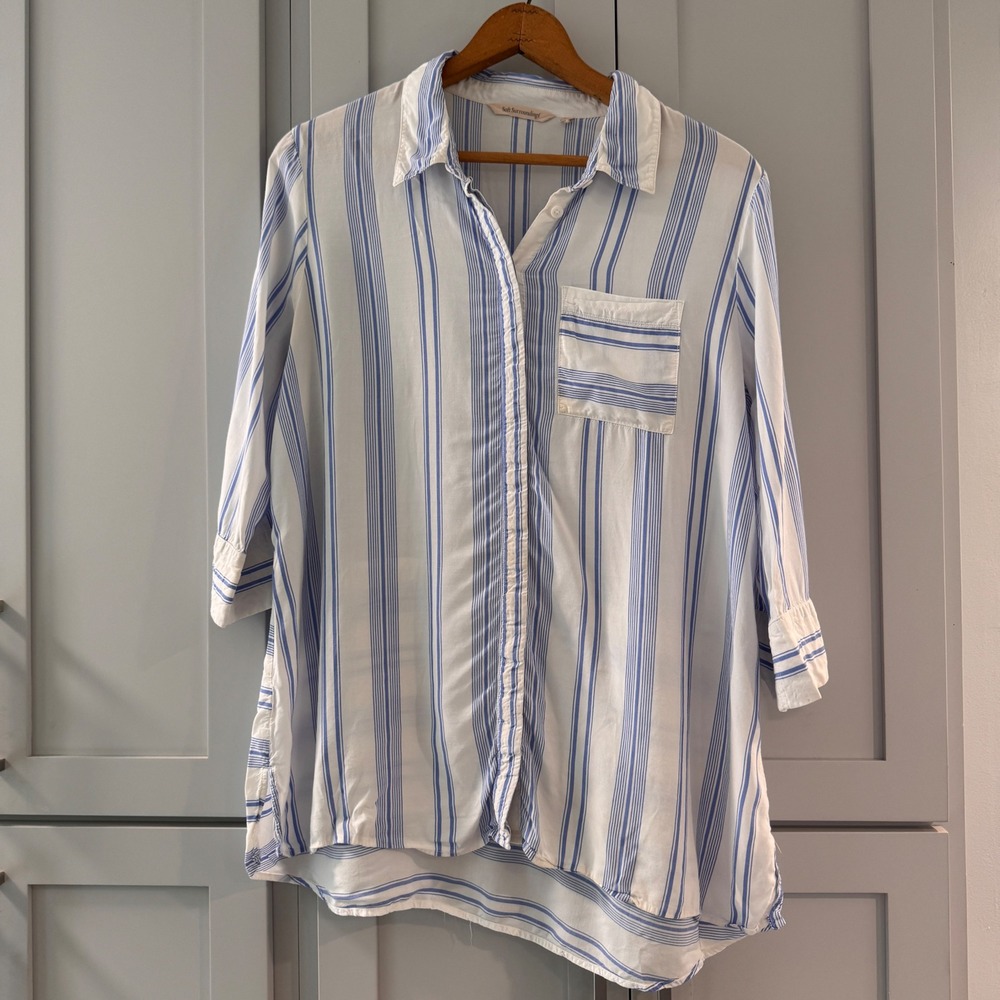 Soft Surroundings Blue White Striped Viscose Tunic Shirt 3/4 Sleeve Large